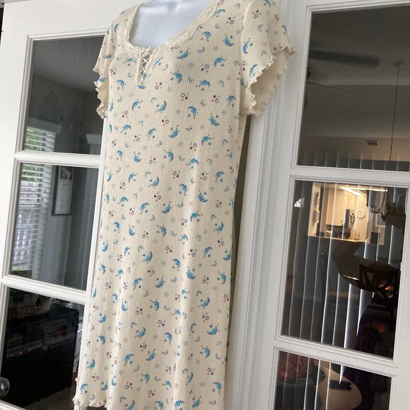 Earth Angels 80% Cotton Stars And Moons Ribbed Cream Nightgown Size medium - Picture 6 of 8